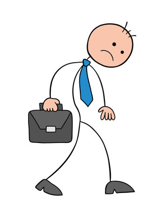 Stickman businessman character unhappy and walking with briefcase, vector cartoon illustration. Black outlined and colored.のイラスト素材