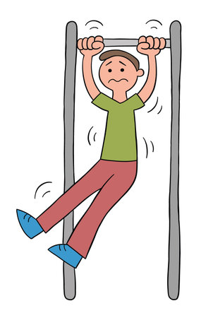 Cartoon man on the pull-up bar but can't, vector illustration. Black outlined and colored.