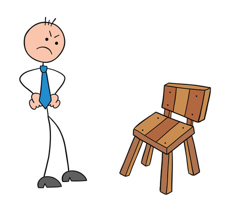 Stickman businessman character gets angry when he sees the wooden chair, vector cartoon illustration. Black outlined and colored.のイラスト素材