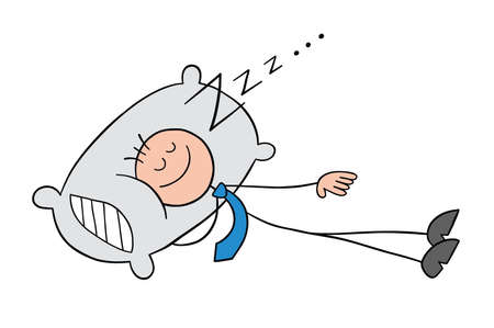 Stickman businessman character sleeps with a pillow, vector cartoon illustration. Black outlined and colored.のイラスト素材