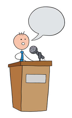 Stickman businessman character speaking on the podium, vector cartoon illustration. Black outlined and colored.のイラスト素材