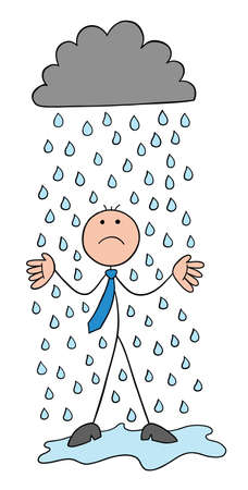 It's raining, stickman businessman character getting wet and unhappy, vector cartoon illustration. Black outlined and colored.のイラスト素材