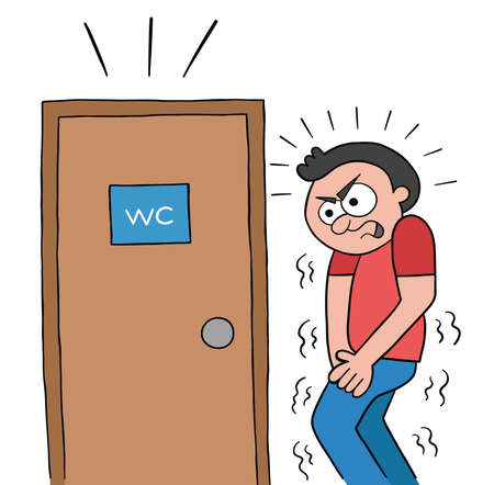 Cartoon man waiting at the toilet door, vector illustration. Black outlined and colored.のイラスト素材