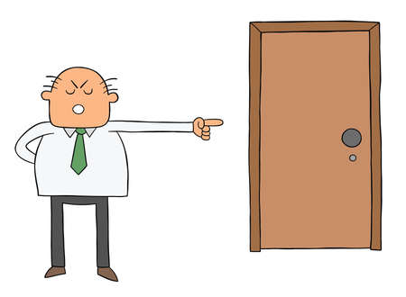 Cartoon angry boss man showing his worker the door, firing him, vector illustration. Black outlined and colored.のイラスト素材
