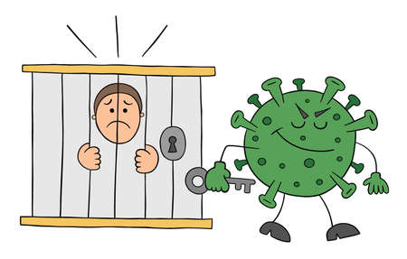Cartoon coronavirus monster locked the man in jail, vector illustration. Black outlined and colored.のイラスト素材