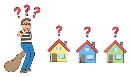Cartoon thief man thinks which house to rob, vector illustration. Black outlined and colored.のイラスト素材