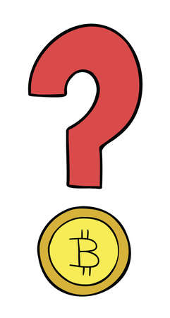 Cartoon vector illustration of question mark with bitcoin coin. Colored and black outlines.のイラスト素材