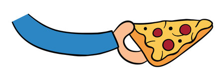Cartoon vector illustration of holding pizza slice. Colored and black outlines.のイラスト素材