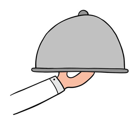 Cartoon vector illustration of waiter or chef is serving food. Colored and black outlines.のイラスト素材
