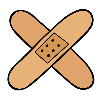 Cartoon vector illustration of two crossed adhesive patches. Colored and black outlines.のイラスト素材