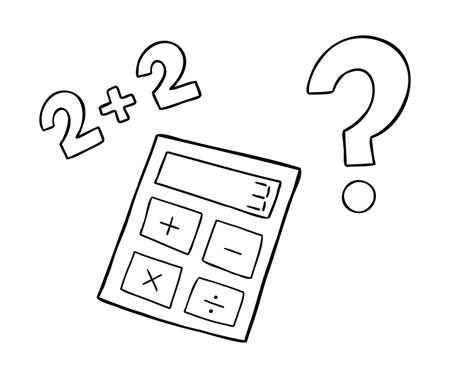 Cartoon vector illustration of calculator, wrong math and question mark. Black outlined and white colored.のイラスト素材