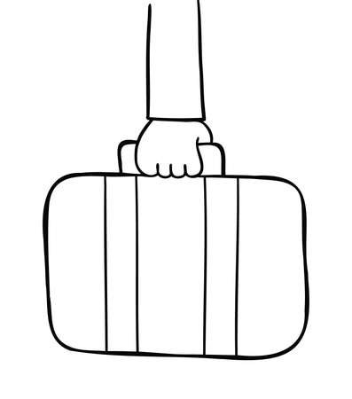 Cartoon vector illustration of travel suitcase and man holding it. Black outlined and white colored.のイラスト素材