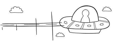 Cartoon vector illustration of UFO flying in the sky. Black outlined and white colored.のイラスト素材