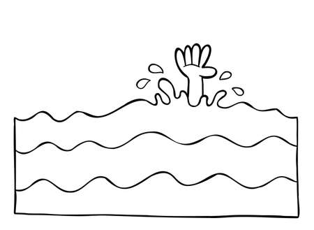 Cartoon vector illustration of the man and his hand drowning in the sea. Black outlined and white colored.のイラスト素材