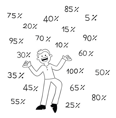 Cartoon man very happy because there is a lot of discount, vector illustration. Black outlined and white colored.のイラスト素材