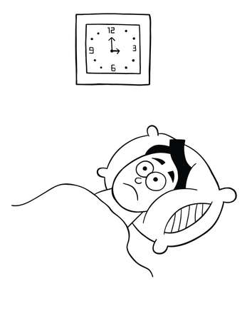 Cartoon man can't sleep and it's 3 am, vector illustration. Black outlined and white colored.のイラスト素材