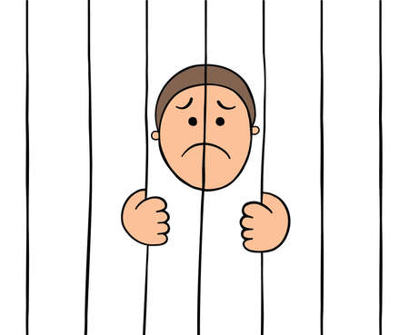 Cartoon prisoner holding prison bars, vector illustration. Colored and black outlines.のイラスト素材