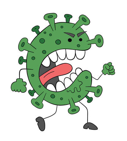 Cartoon coronavirus monster is so angry and running, vector illustration. Colored and black outlines.のイラスト素材