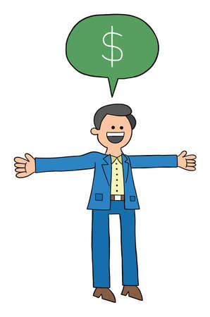 Cartoon man says he has a lot of money, vector illustration. Colored and black outlines.のイラスト素材