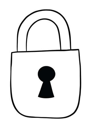 Cartoon vector illustration of closed padlock. Black outlined and white colored.のイラスト素材