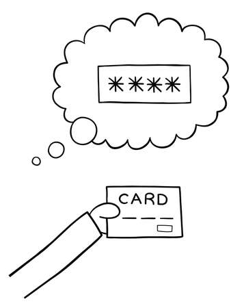 Cartoon vector illustration of forget credit card password. Black outlined and white colored.のイラスト素材
