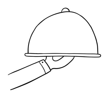 Cartoon vector illustration of waiter or chef is serving food. Black outlined and white colored.のイラスト素材