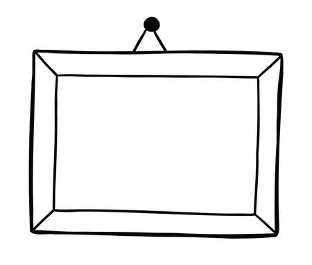 Cartoon vector illustration of picture frame hanging on the wall. Black outlined and white colored.のイラスト素材