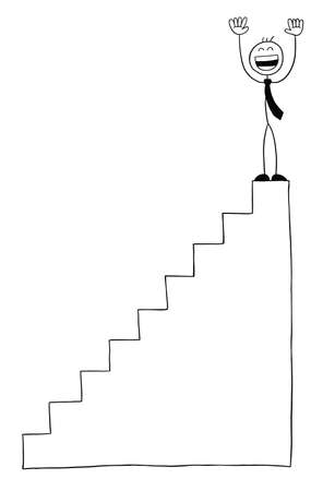 Stickman businessman character at the top of the stairs and very happy, vector cartoon illustration. Black outlined and white colored.のイラスト素材