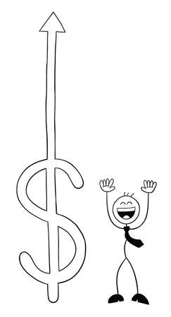 Dollar is rising and stickman businessman character so happy, vector cartoon illustration. Black outlined and white colored.のイラスト素材