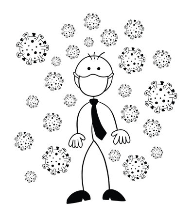 Stickman businessman character wearing a mask and there are viruses around, vector cartoon illustration. Black outlined and white colored.のイラスト素材