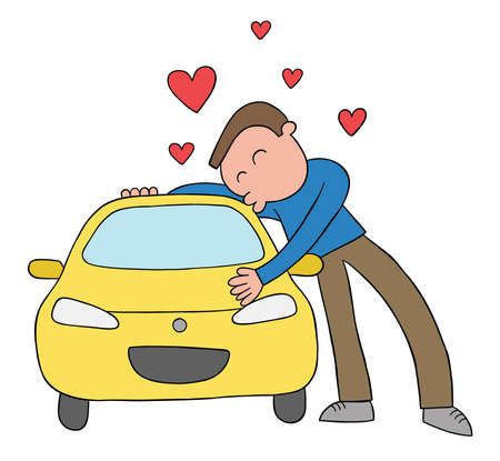 Cartoon man loves his car and hugs and kisses, vector illustration. Colored and black outlines.のイラスト素材