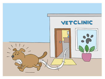 Cartoon dog is scared and runs away from the vet clinic, vector illustration. Colored and black outlines.のイラスト素材