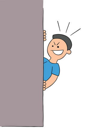 Cartoon sneaky man hiding behind the wall, vector illustration. Colored and black outlines.のイラスト素材