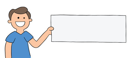 Cartoon man holding blank sign sideways, vector illustration. Colored and black outlines.のイラスト素材
