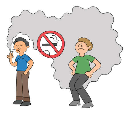 Cartoon man smokes in no smoking place and man behind is bothered by cigarette smoke, vector illustration. Colored and black outlines.のイラスト素材