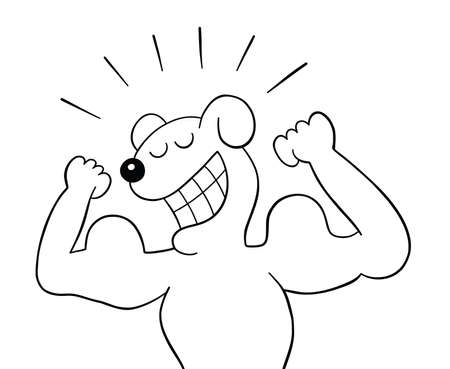 Cartoon the dog is very strong and shows biceps, vector illustration. Black outlined and white colored.