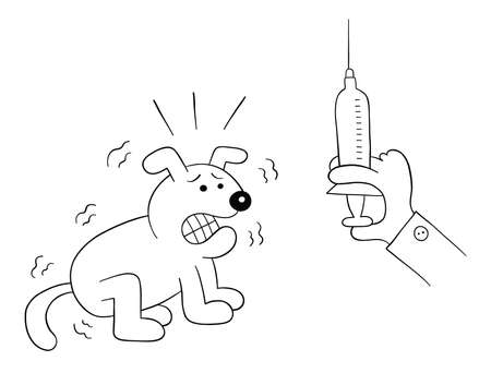 Cartoon dog is scared when it sees the syringe in veterinarian's hand, vector illustration. Black outlined and white colored.のイラスト素材