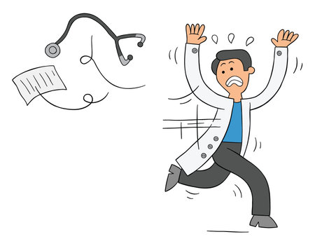 Cartoon doctor or vet is scared, throws stethoscope and papers and runs away, vector illustration. Colored and black outlines.のイラスト素材