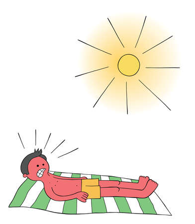 Cartoon man sunbathing on the beach for hours and when he wakes up his whole body is burnt red vector illustration. Colored and black outlines.のイラスト素材