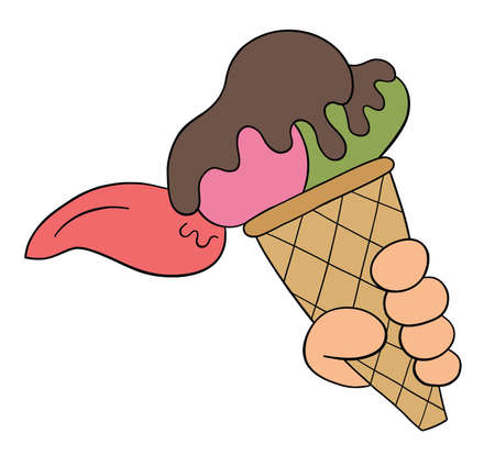 Cartoon licking ice cream, vector illustration. Colored and black outlines.のイラスト素材