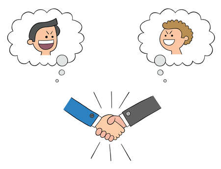 Cartoon two businessmen shake hands and get along, but both are sneaky, vector illustration. Colored and black outlines.のイラスト素材