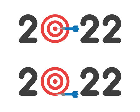 New year 2022 vector concept, bulls eye and dart with 2022, hit and miss the target, success and disappointment. Flat color style.のイラスト素材