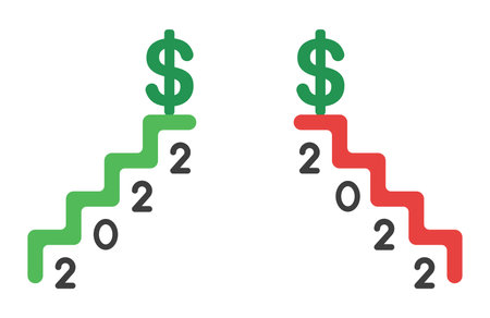 New year 2022 vector concept, stairs up, down and dollar on the top. Flat color style.のイラスト素材