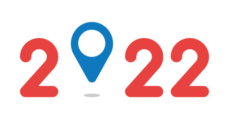 New year 2022 vector concept, map pointer instead of zero. Flat color style.のイラスト素材