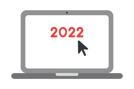 New year vector concept, Click to 2022 with mouse arrow on laptop. Flat color style.のイラスト素材