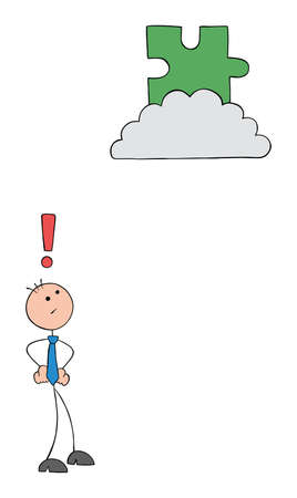 Teamwork, stickmen businessman looks at the missing puzzle piece on the cloud and is confused. Hand drawn outline cartoon vector illustration.のイラスト素材