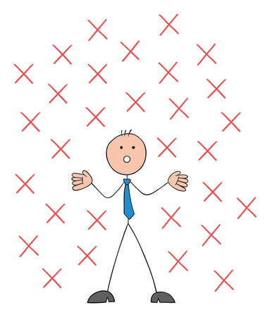 Problem, there are so many crosses around stickman businessman, rejected and taken aback. Hand drawn outline cartoon vector illustration.のイラスト素材