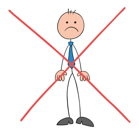 Problem, stickman businessman has a cross on him, he is rejected and upset. Hand drawn outline cartoon vector illustration.のイラスト素材