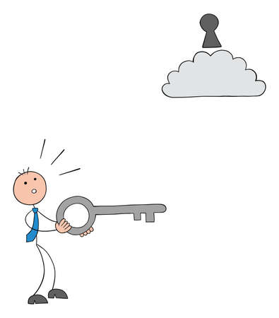 Stickman businessman is holding the key, but the keyhole is in an interesting place, above the cloud, and he is very confused. Hand drawn outline cartoon vector illustration.のイラスト素材