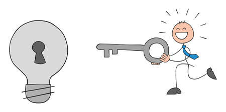 Stickman businessman runs to unlock the light bulb idea carrying the key and is very happy. Hand drawn outline cartoon vector illustration.のイラスト素材